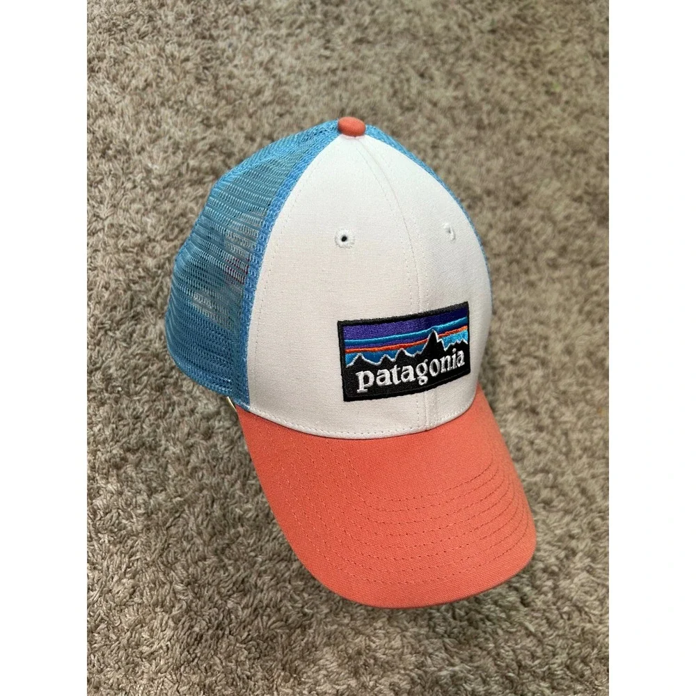 Patagonia Logo Trucker Hat White Blue Orange Snapback Cap Mesh‎ Back Mens Hiking